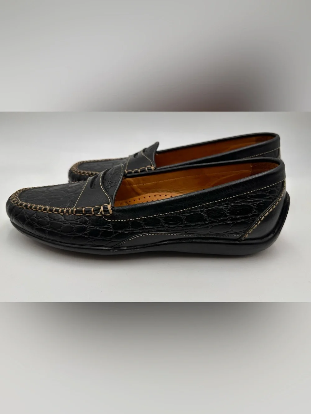 MARTIN DINGMAN MENS LOAFERS SZ 8.5 BLACK ALLIGATOR GRAIN LEATHER DRIVING SHOES